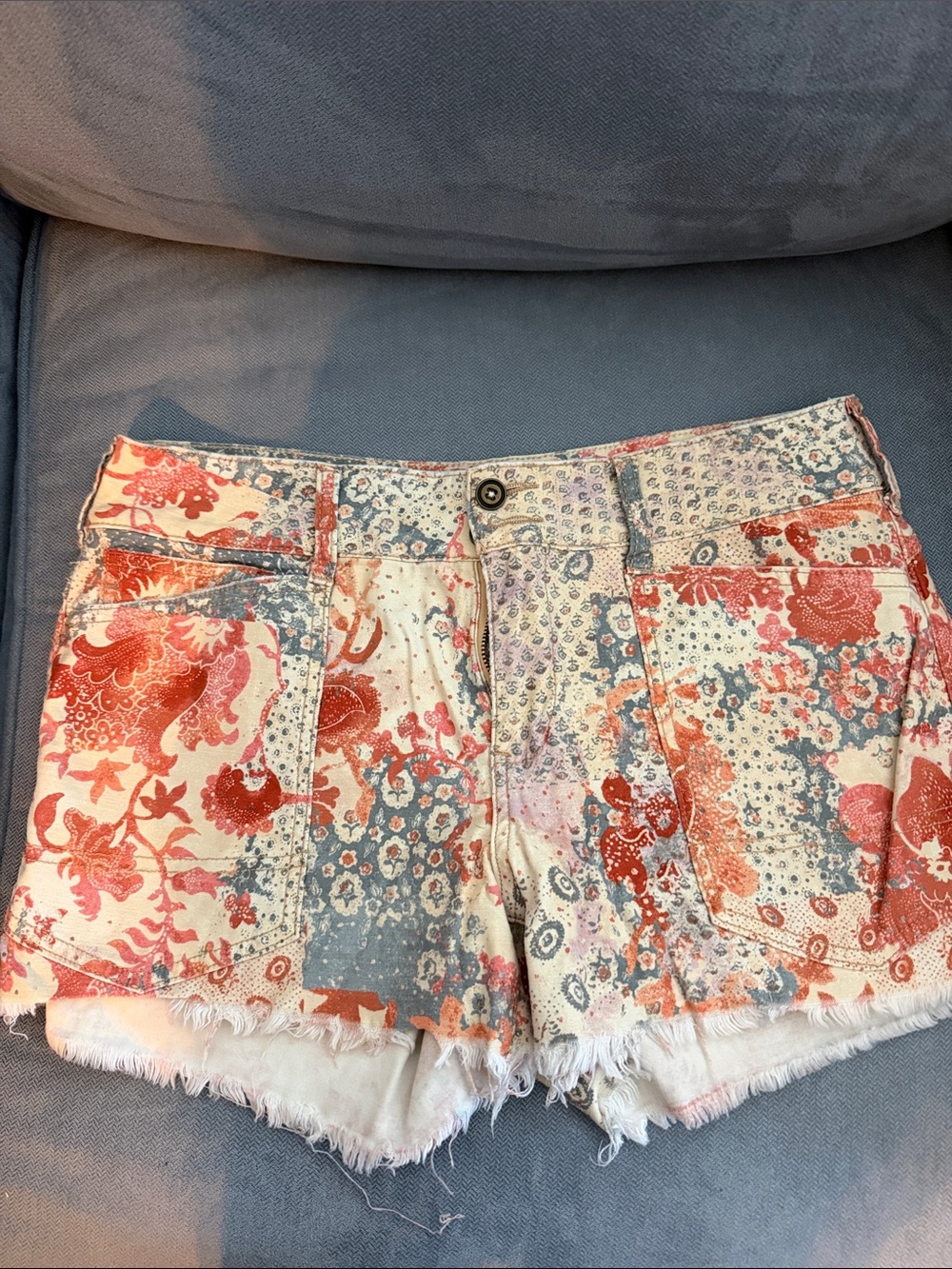 Anthropologie Coral & Blue Floral Patchwork Denim Shorts